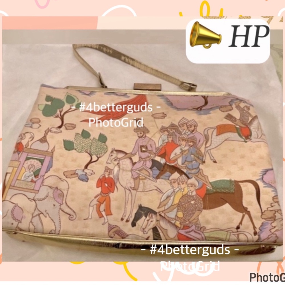Rosart Vintage Oriental Scene Fabric Rectangle Handbag with Gold Leather Accents
